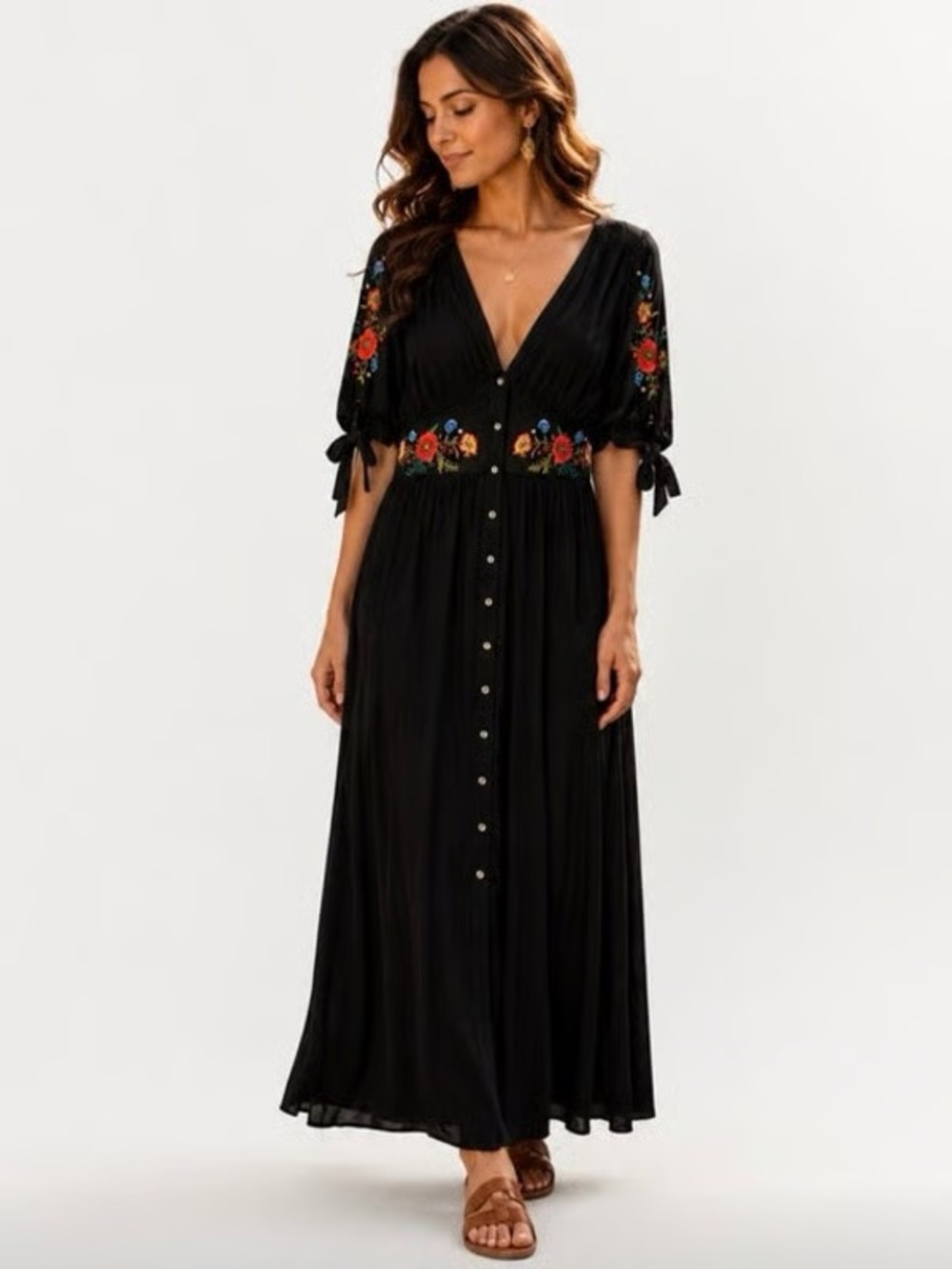 ASOS Black Embroidered Button-Front Dress with MultiColor Floral Accents 2 small